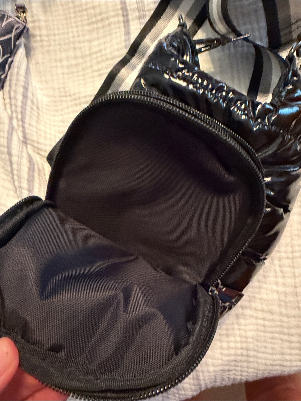 Black Quilted Puffer Belt Water Bottle Bag with Striped Adjustable Strap - Picture 3 of 6